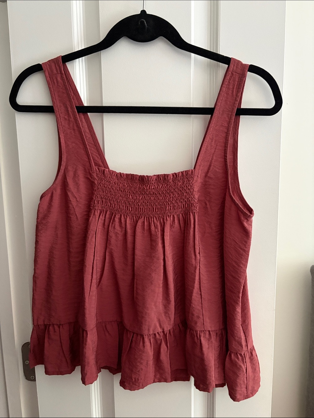 Maeve Smocked Ruffle Tank Top in Dusty Rose